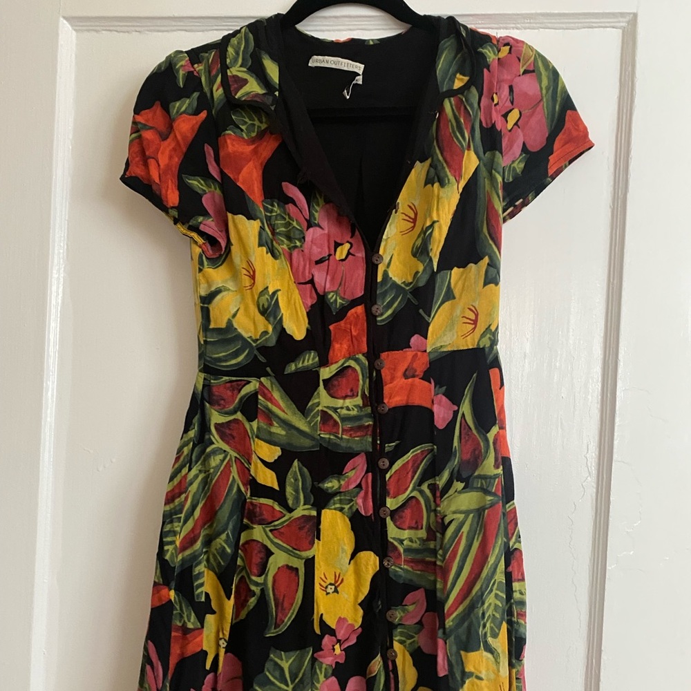 Urban Outfitters minidress with tropical floral pattern.